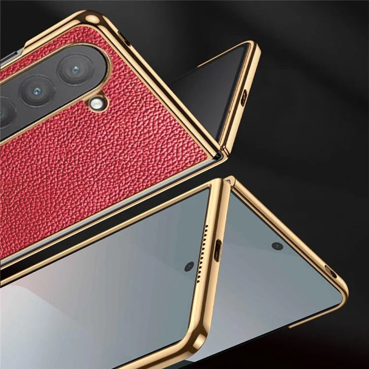 For Samsung Galaxy Z Fold6 5G Case Litchi Texture Genuine Cow Leather+PC Phone Cover