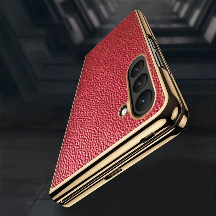 For Samsung Galaxy Z Fold6 5G Case Litchi Texture Genuine Cow Leather+PC Phone Cover