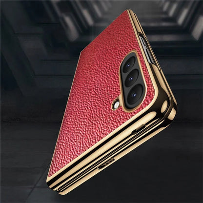 For Samsung Galaxy Z Fold6 5G Case Litchi Texture Genuine Cow Leather+PC Phone Cover