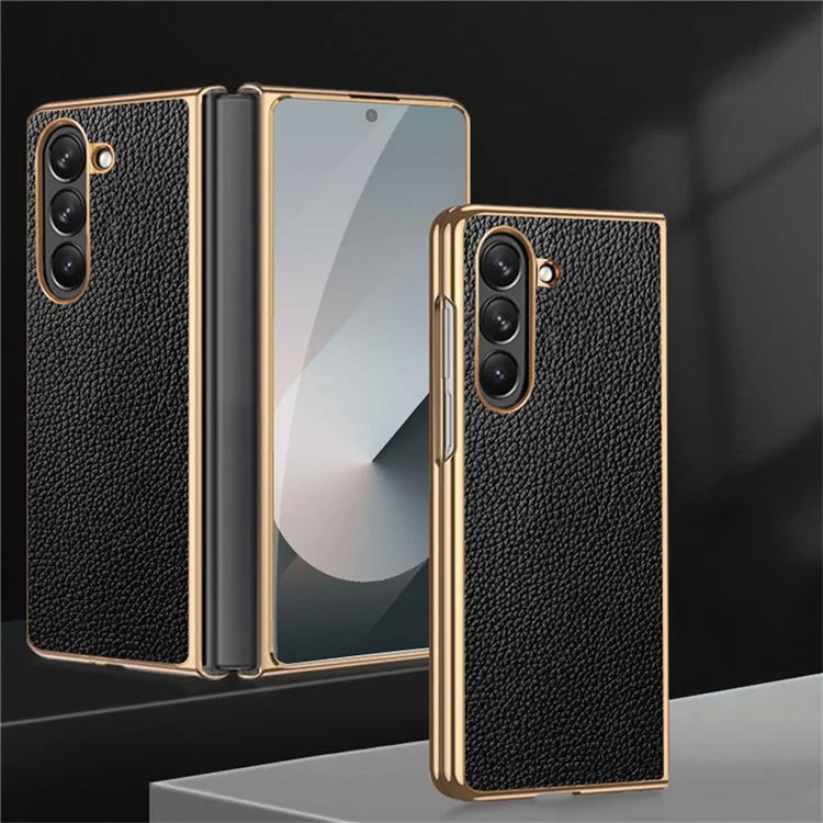 For Samsung Galaxy Z Fold6 5G Case Litchi Texture Genuine Cow Leather+PC Phone Cover
