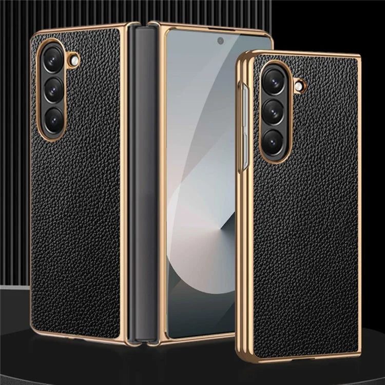 For Samsung Galaxy Z Fold6 5G Case Litchi Texture Genuine Cow Leather+PC Phone Cover