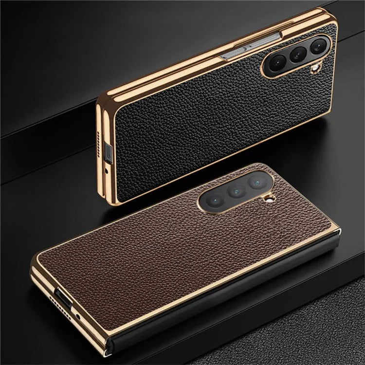 For Samsung Galaxy Z Fold6 5G Case Litchi Texture Genuine Cow Leather+PC Phone Cover