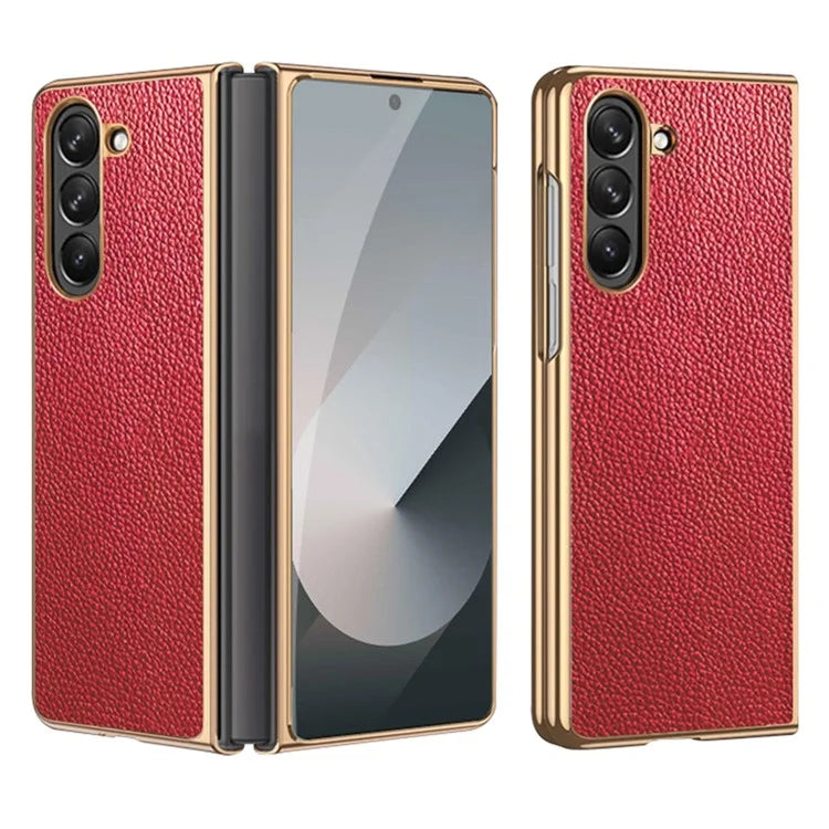 For Samsung Galaxy Z Fold6 5G Case Litchi Texture Genuine Cow Leather+PC Phone Cover