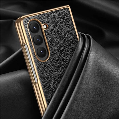 For Samsung Galaxy Z Fold6 5G Case Litchi Texture Genuine Cow Leather+PC Phone Cover