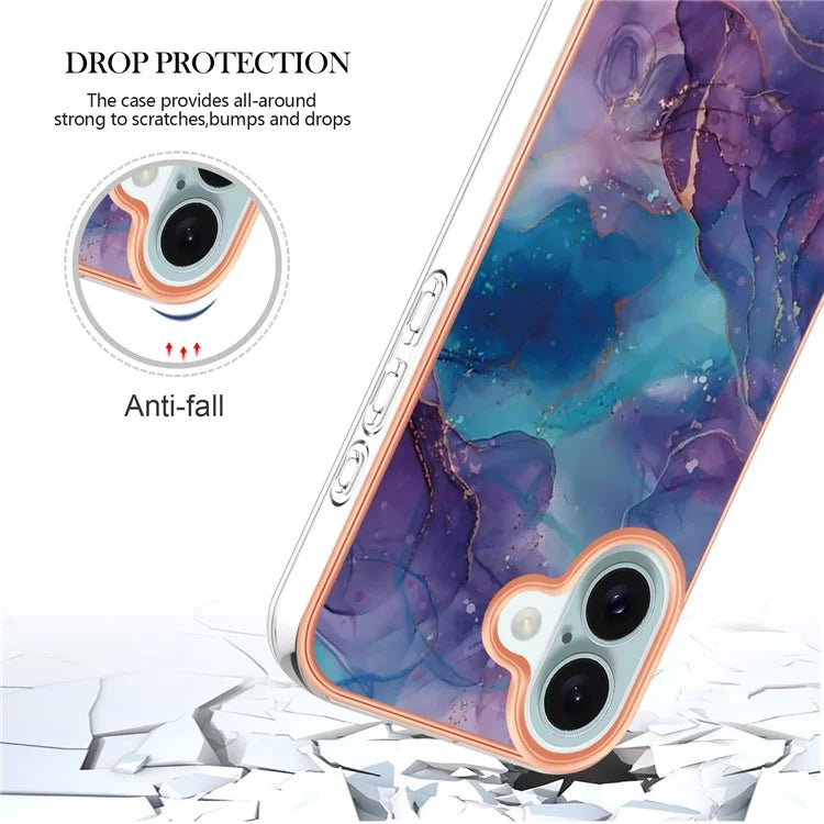 YB IMD Series-16 Style-E For iPhone 16 Plus TPU Case Marble Pattern Electroplating Phone Cover