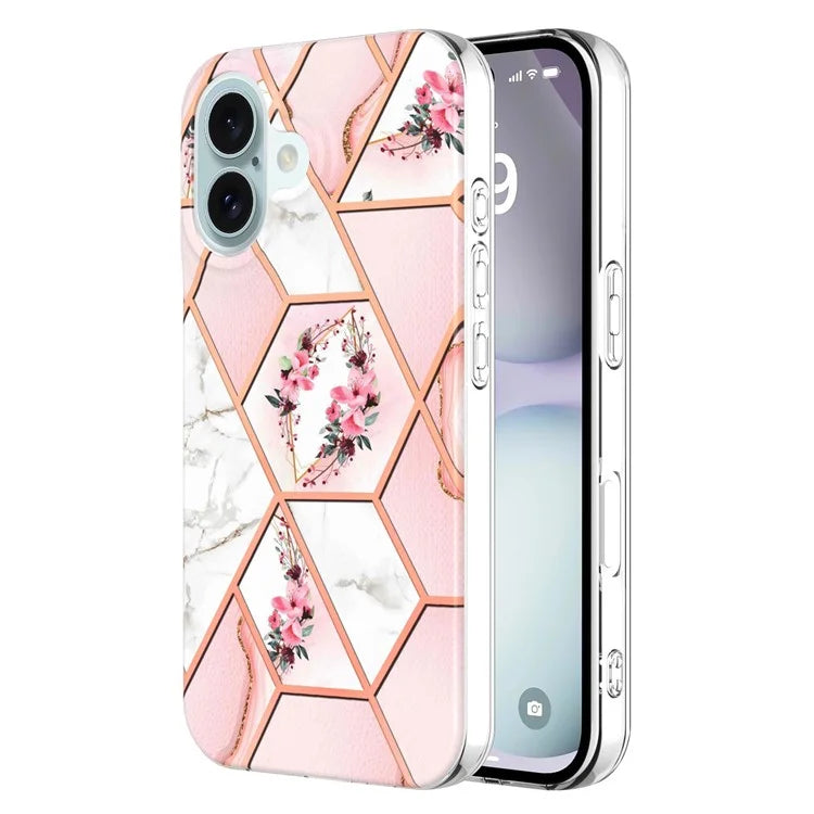 YB IMD Series-16 Style-E For iPhone 16 Case IMD Marble Flower Pattern TPU Phone Cover