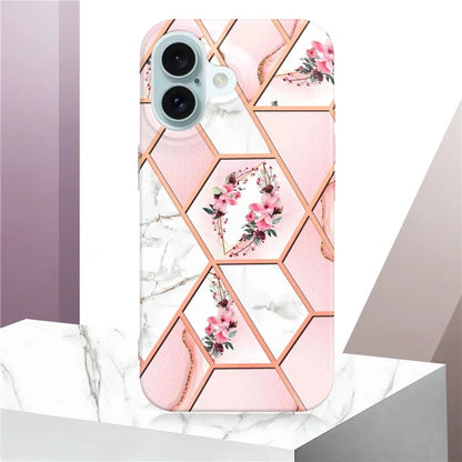 YB IMD Series-16 Style-E For iPhone 16 Case IMD Marble Flower Pattern TPU Phone Cover