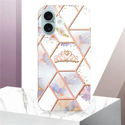 YB IMD Series-16 Style-E For iPhone 16 Case IMD Marble Flower Pattern TPU Phone Cover