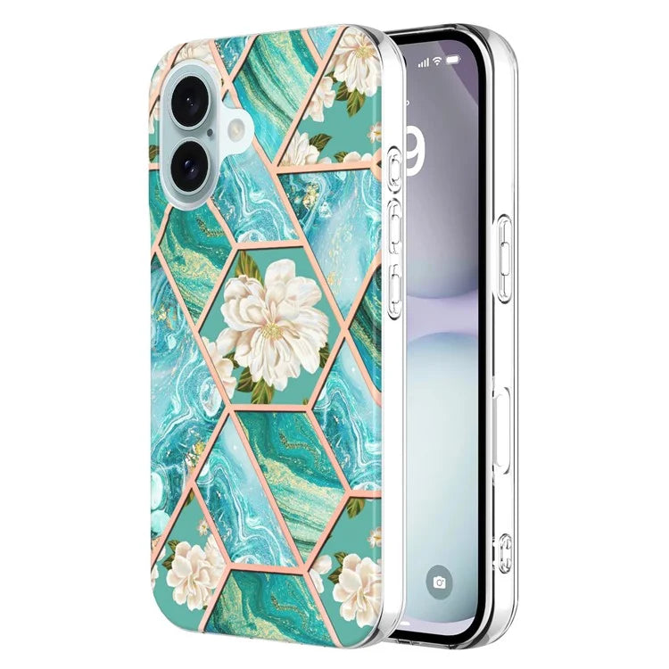 YB IMD Series-16 Style-E For iPhone 16 Case IMD Marble Flower Pattern TPU Phone Cover