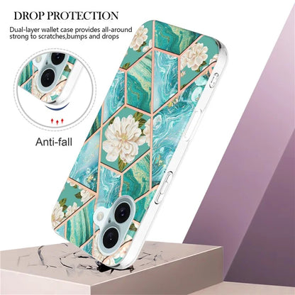 YB IMD Series-16 Style-E For iPhone 16 Case IMD Marble Flower Pattern TPU Phone Cover