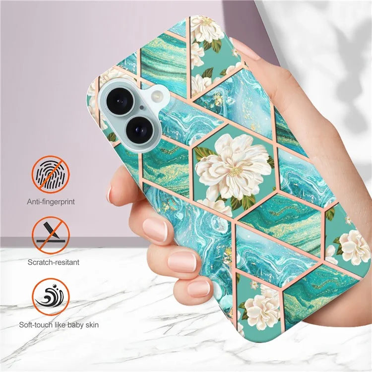 YB IMD Series-16 Style-E For iPhone 16 Case IMD Marble Flower Pattern TPU Phone Cover
