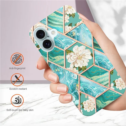 YB IMD Series-16 Style-E For iPhone 16 Case IMD Marble Flower Pattern TPU Phone Cover