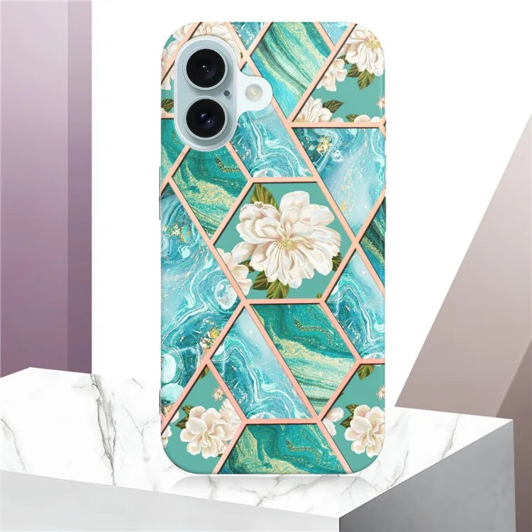 YB IMD Series-16 Style-E For iPhone 16 Case IMD Marble Flower Pattern TPU Phone Cover