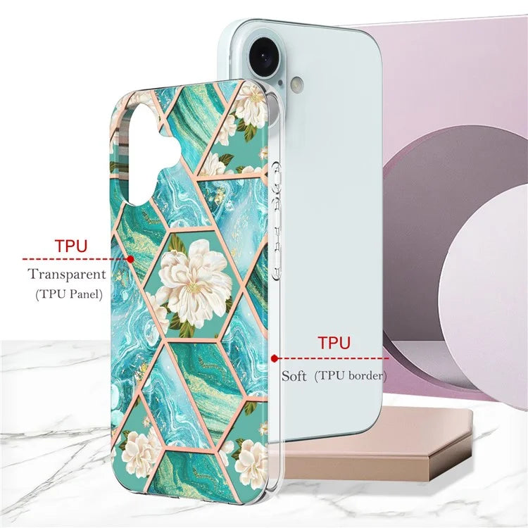 YB IMD Series-16 Style-E For iPhone 16 Case IMD Marble Flower Pattern TPU Phone Cover