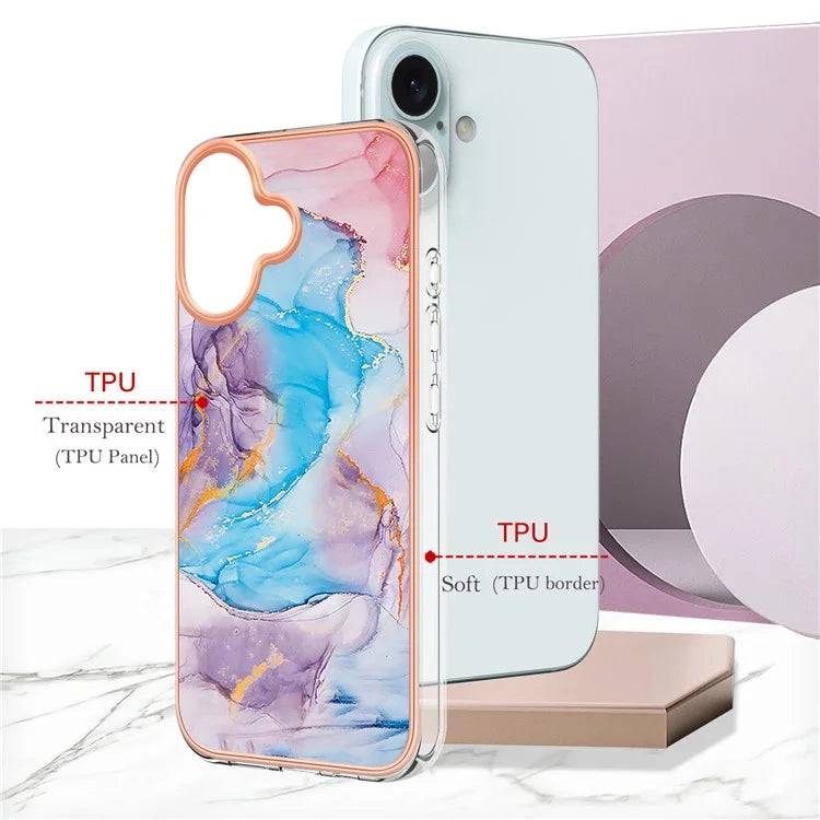 YB IMD Series-16 Style-E For iPhone 16 Case IMD Marble Flower Pattern TPU Phone Cover