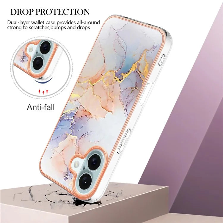 YB IMD Series-16 Style-E For iPhone 16 Case IMD Marble Flower Pattern TPU Phone Cover