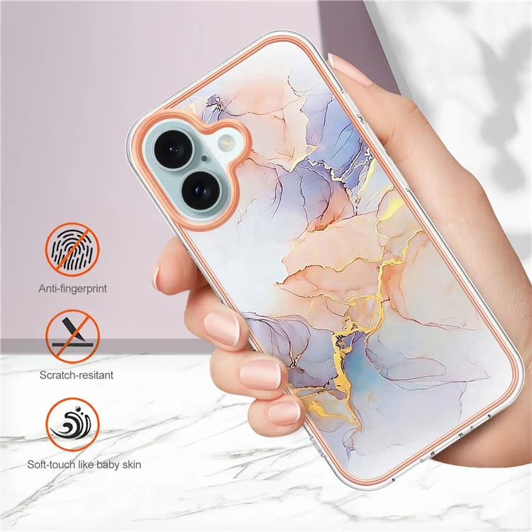 YB IMD Series-16 Style-E For iPhone 16 Case IMD Marble Flower Pattern TPU Phone Cover