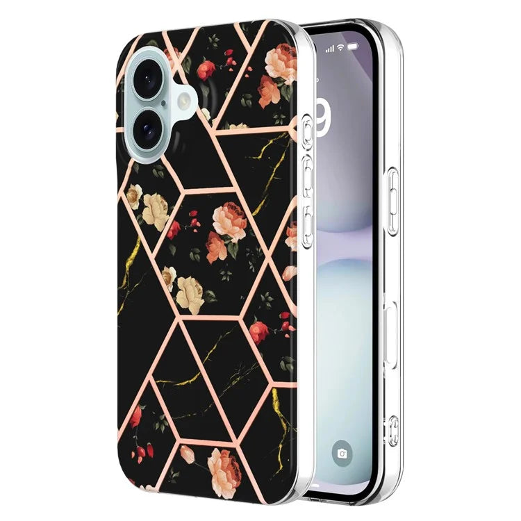YB IMD Series-16 Style-E For iPhone 16 Case IMD Marble Flower Pattern TPU Phone Cover