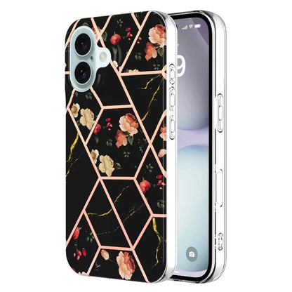 YB IMD Series-16 Style-E For iPhone 16 Case IMD Marble Flower Pattern TPU Phone Cover