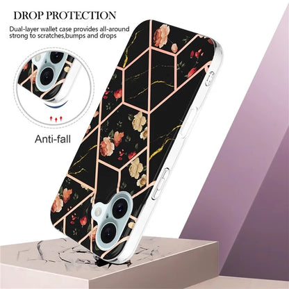 YB IMD Series-16 Style-E For iPhone 16 Case IMD Marble Flower Pattern TPU Phone Cover
