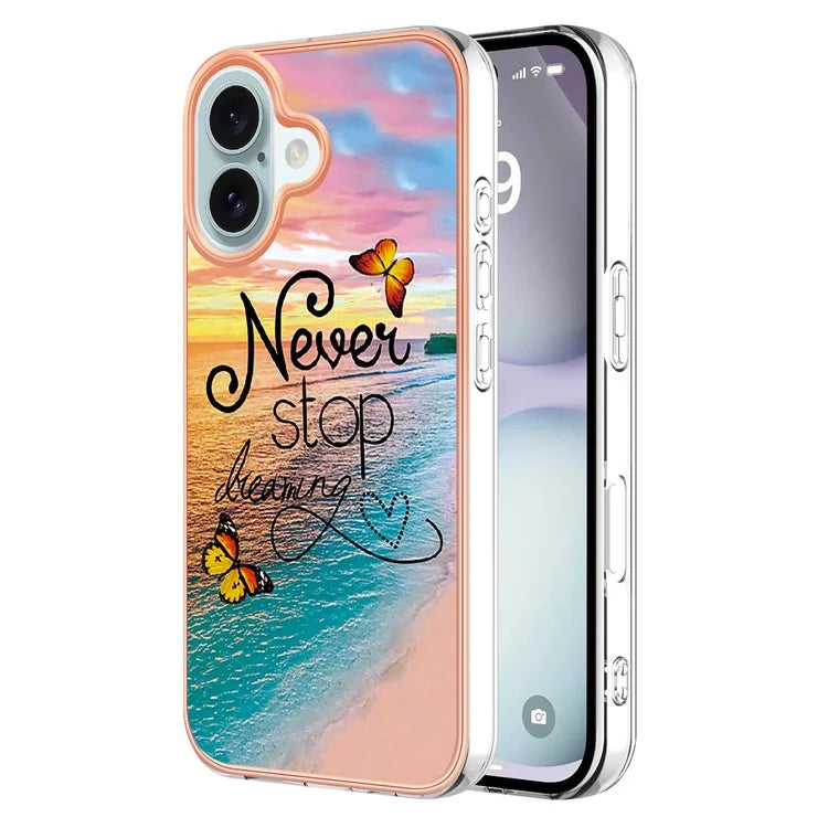 YB IMD Series-16 Style-E For iPhone 16 Case IMD Marble Flower Pattern TPU Phone Cover
