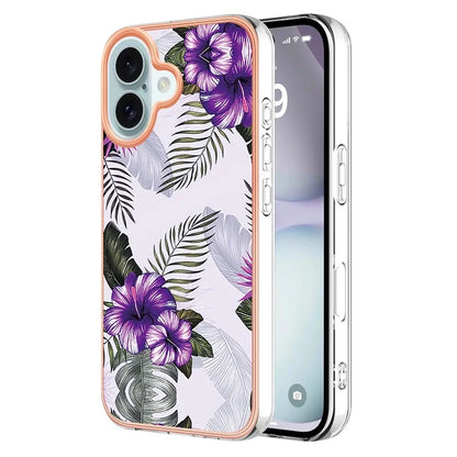 YB IMD Series-16 Style-E For iPhone 16 Case IMD Marble Flower Pattern TPU Phone Cover