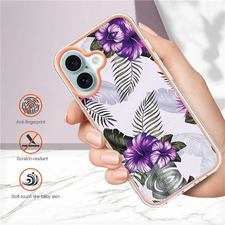 YB IMD Series-16 Style-E For iPhone 16 Case IMD Marble Flower Pattern TPU Phone Cover