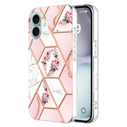 YB IMD Series-16 Style-E For iPhone 16 Plus Case IMD Marble Flower Pattern TPU Phone Cover