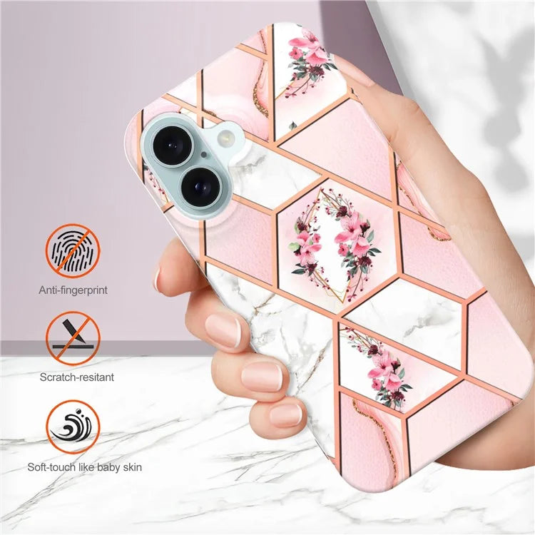 YB IMD Series-16 Style-E For iPhone 16 Plus Case IMD Marble Flower Pattern TPU Phone Cover