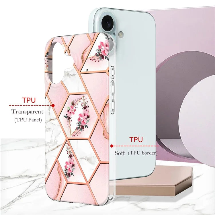 YB IMD Series-16 Style-E For iPhone 16 Plus Case IMD Marble Flower Pattern TPU Phone Cover