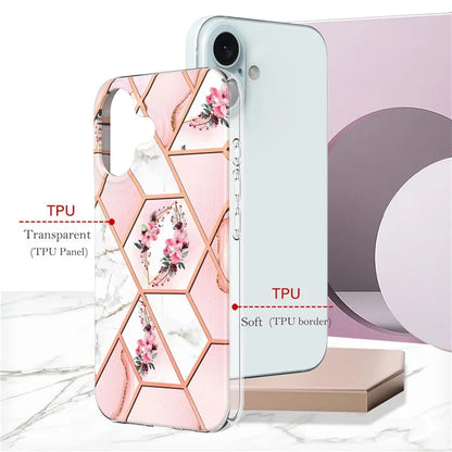 YB IMD Series-16 Style-E For iPhone 16 Plus Case IMD Marble Flower Pattern TPU Phone Cover