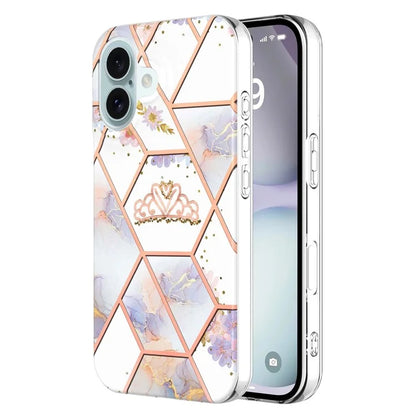 YB IMD Series-16 Style-E For iPhone 16 Plus Case IMD Marble Flower Pattern TPU Phone Cover