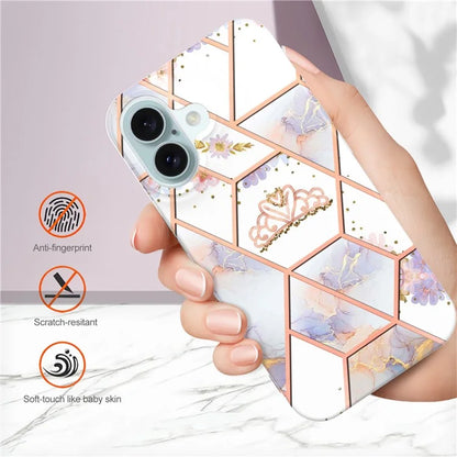 YB IMD Series-16 Style-E For iPhone 16 Plus Case IMD Marble Flower Pattern TPU Phone Cover