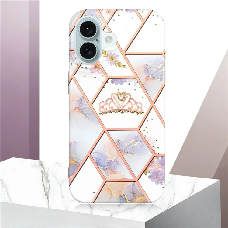YB IMD Series-16 Style-E For iPhone 16 Plus Case IMD Marble Flower Pattern TPU Phone Cover