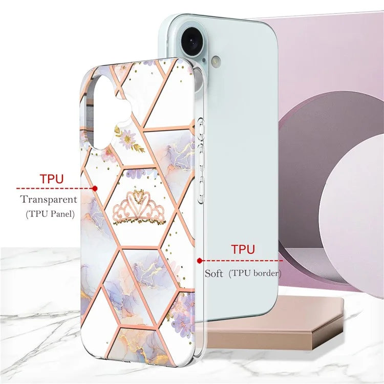 YB IMD Series-16 Style-E For iPhone 16 Plus Case IMD Marble Flower Pattern TPU Phone Cover