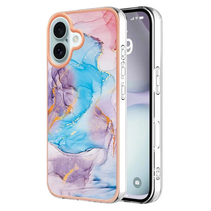 YB IMD Series-16 Style-E For iPhone 16 Plus Case IMD Marble Flower Pattern TPU Phone Cover