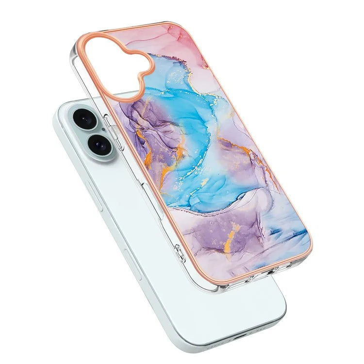 YB IMD Series-16 Style-E For iPhone 16 Plus Case IMD Marble Flower Pattern TPU Phone Cover