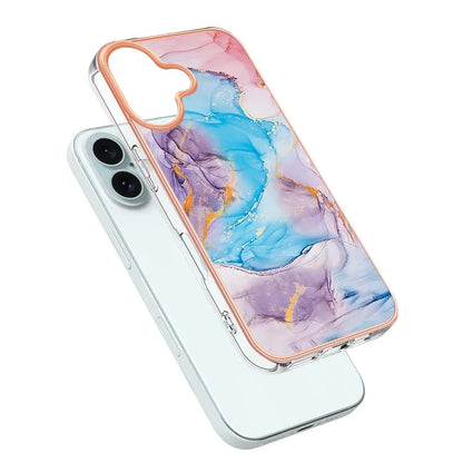 YB IMD Series-16 Style-E For iPhone 16 Plus Case IMD Marble Flower Pattern TPU Phone Cover
