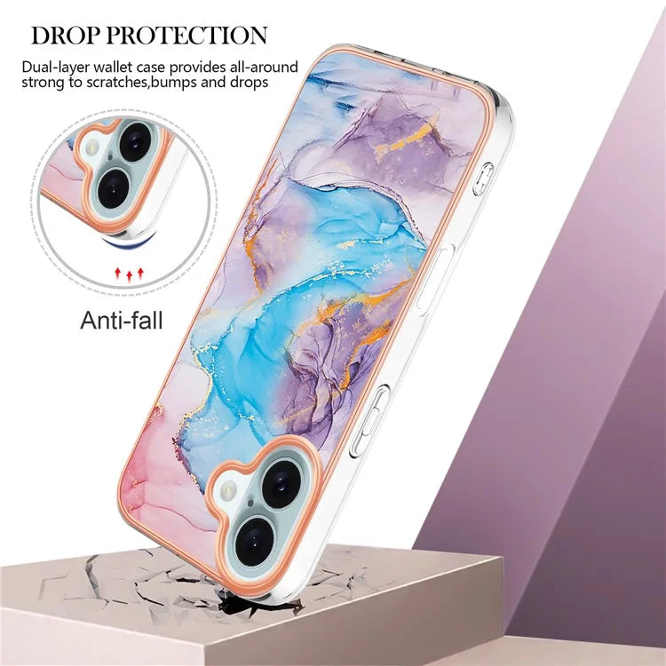YB IMD Series-16 Style-E For iPhone 16 Plus Case IMD Marble Flower Pattern TPU Phone Cover