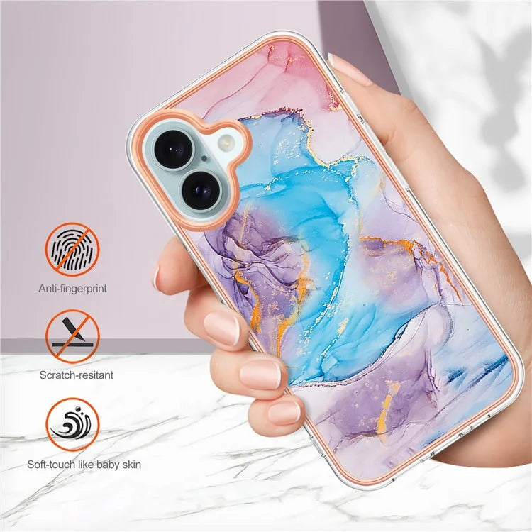 YB IMD Series-16 Style-E For iPhone 16 Plus Case IMD Marble Flower Pattern TPU Phone Cover