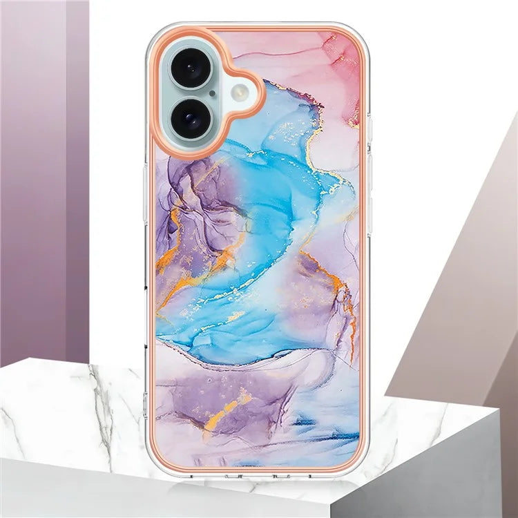 YB IMD Series-16 Style-E For iPhone 16 Plus Case IMD Marble Flower Pattern TPU Phone Cover