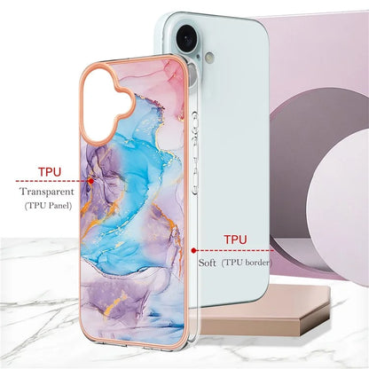 YB IMD Series-16 Style-E For iPhone 16 Plus Case IMD Marble Flower Pattern TPU Phone Cover