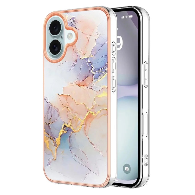YB IMD Series-16 Style-E For iPhone 16 Plus Case IMD Marble Flower Pattern TPU Phone Cover