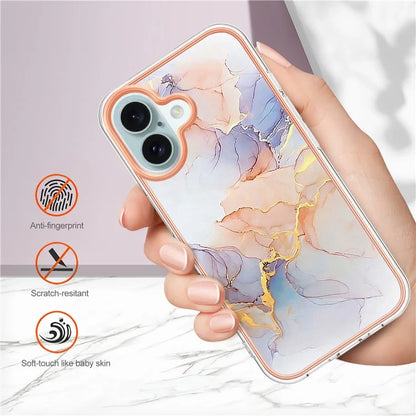 YB IMD Series-16 Style-E For iPhone 16 Plus Case IMD Marble Flower Pattern TPU Phone Cover