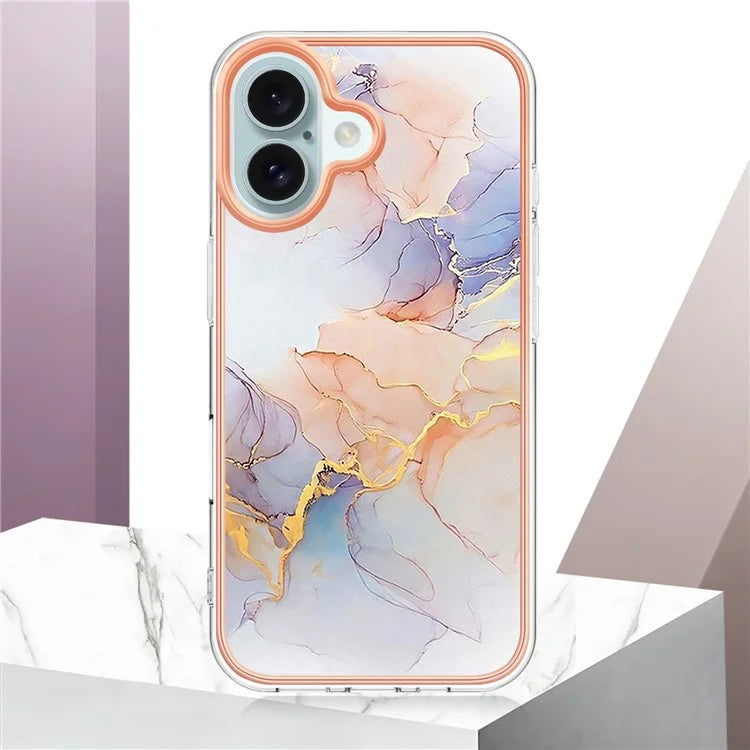 YB IMD Series-16 Style-E For iPhone 16 Plus Case IMD Marble Flower Pattern TPU Phone Cover