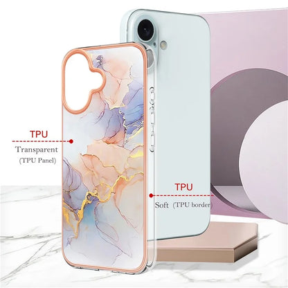 YB IMD Series-16 Style-E For iPhone 16 Plus Case IMD Marble Flower Pattern TPU Phone Cover