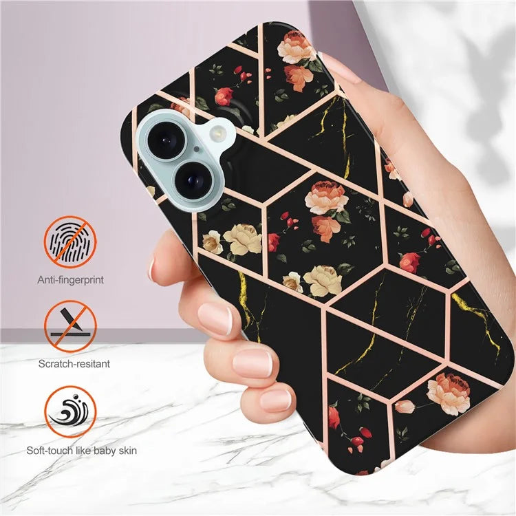 YB IMD Series-16 Style-E For iPhone 16 Plus Case IMD Marble Flower Pattern TPU Phone Cover