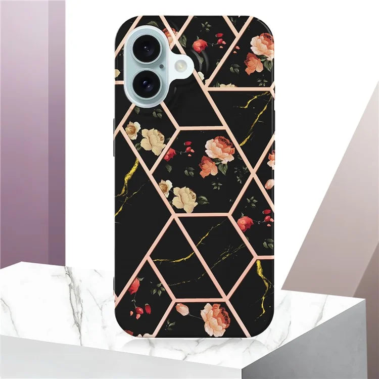 YB IMD Series-16 Style-E For iPhone 16 Plus Case IMD Marble Flower Pattern TPU Phone Cover