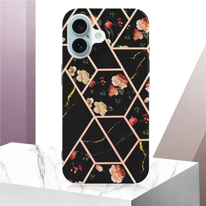 YB IMD Series-16 Style-E For iPhone 16 Plus Case IMD Marble Flower Pattern TPU Phone Cover