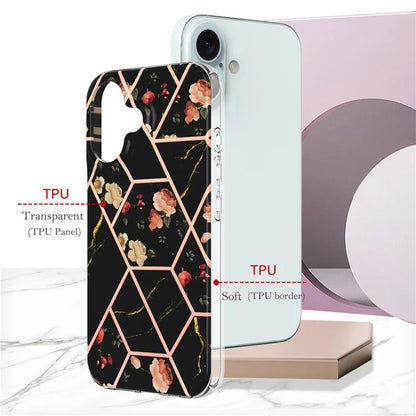 YB IMD Series-16 Style-E For iPhone 16 Plus Case IMD Marble Flower Pattern TPU Phone Cover